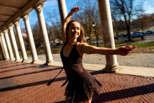 Lucy spinning joyful close-up with motion blur